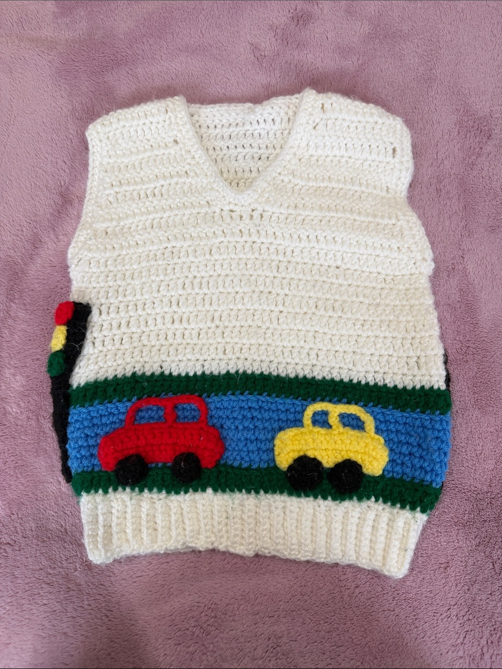 Handmade Crochet Kids Vest with Red and Yellow Car Motifs and stop light